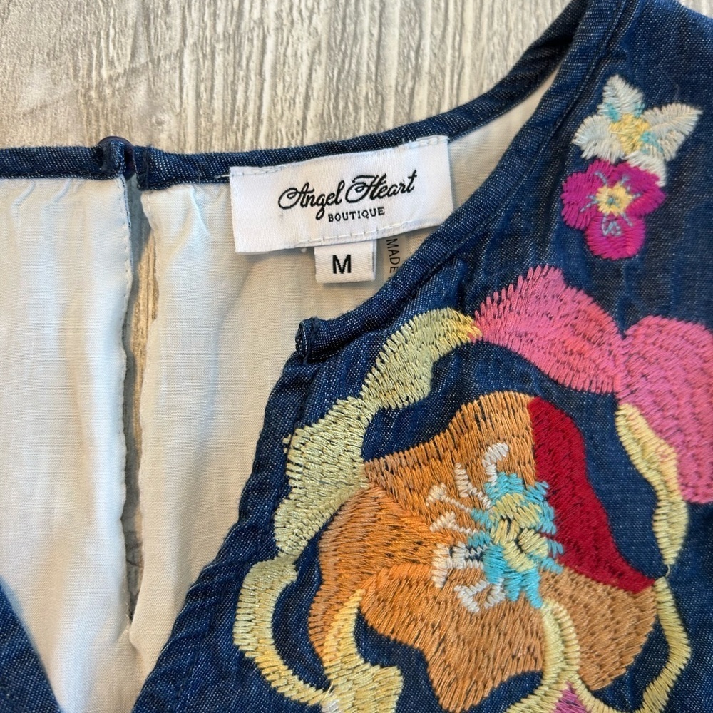 Angel Heart Vibrant Floral Embroidered Striped Lined Tunic or Dress Medium Boho. - Picture 10 of 15